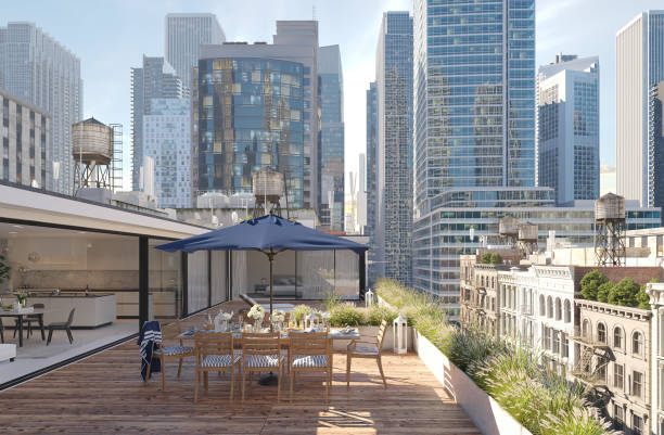 istock penthouse terrace in a big city. 3d rendering 919198672