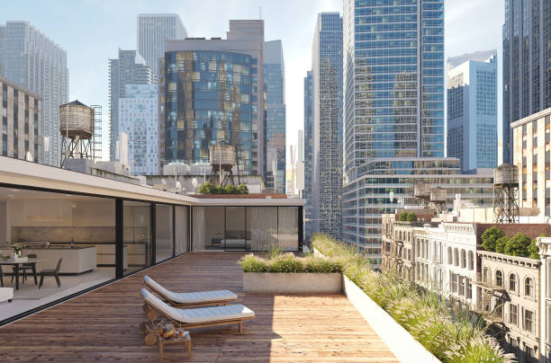 istock penthouse terrace in a big city. 3d rendering 919198688