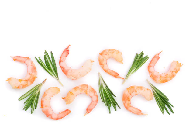 istock Red cooked prawn or shrimp with rosemary isolated on white background with copy space for your text. Top view. Flat lay 919201472