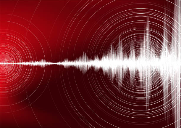 ilustraciones, imágenes clip art, dibujos animados e iconos de stock de onda digital del terremoto con la vibración del círculo en fondo rojo oscuro, concepto de diagrama de onda de audio, diseño de educación y ciencia, ilustración del vector. - quake