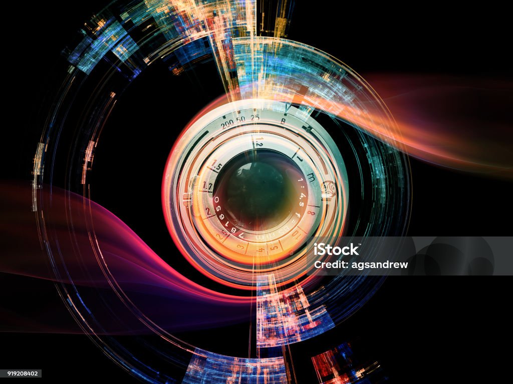 Digital Lens Effect Camera Eye series. Background composed of photo lens and fractal elements on the subject of digital photography and creativity. Lens - Optical Instrument Stock Photo