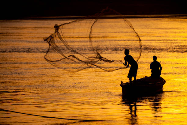 Fishermen in River Ganges Fishermen in River Ganges at sunset, Varanasi, India boat-fishing-net stock pictures, royalty-free photos & images