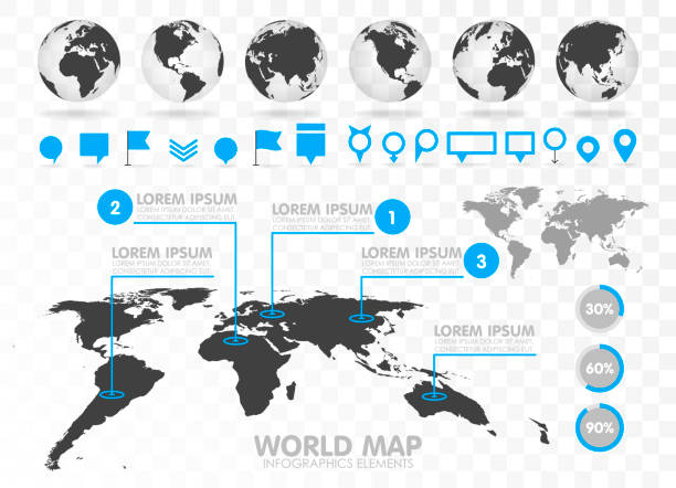 ilustraciones, imágenes clip art, dibujos animados e iconos de stock de mapa del mundo y 3d globo conjunto con elementos de infografía. - distance marker