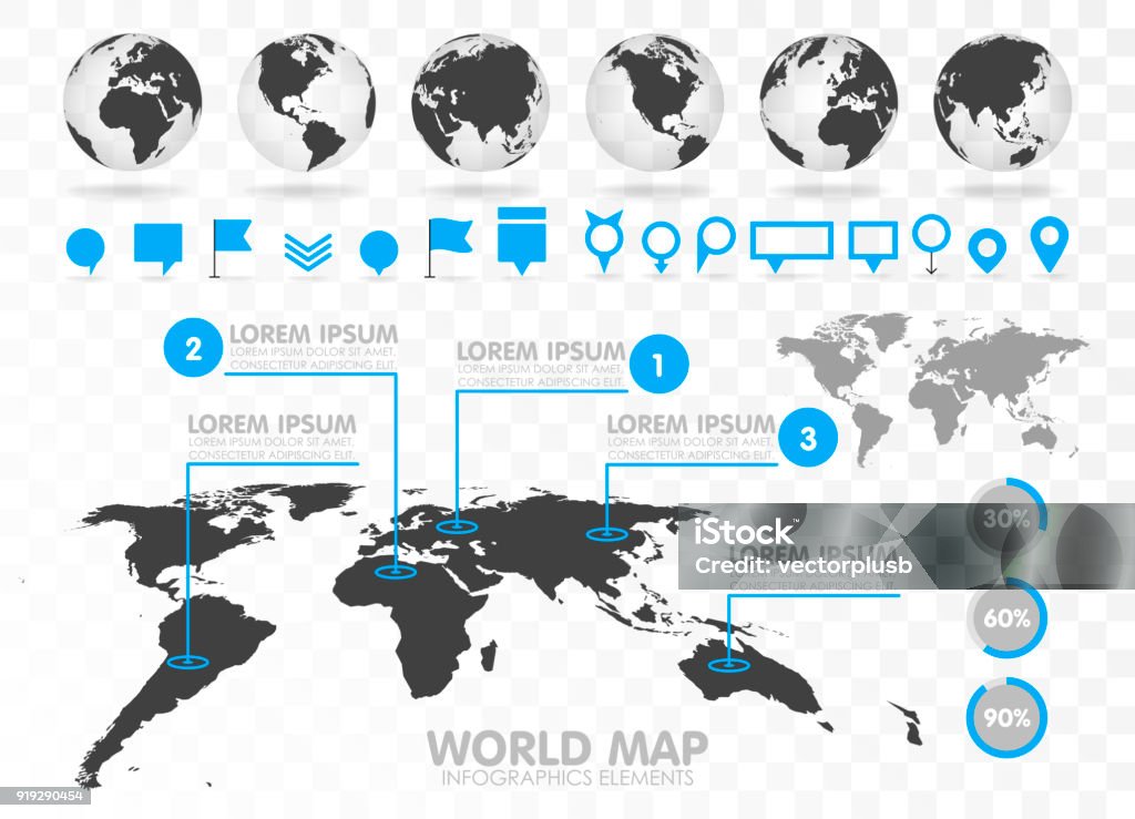 World map and 3D globe set with infographics elements. World map and 3D globe set with infographics elements. Design information, business graph and chart. Vector illustration World Map stock vector