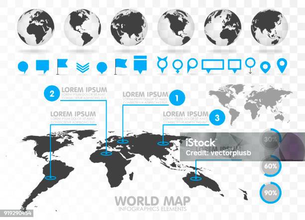 World Map And 3d Globe Set With Infographics Elements Stock Illustration - Download Image Now