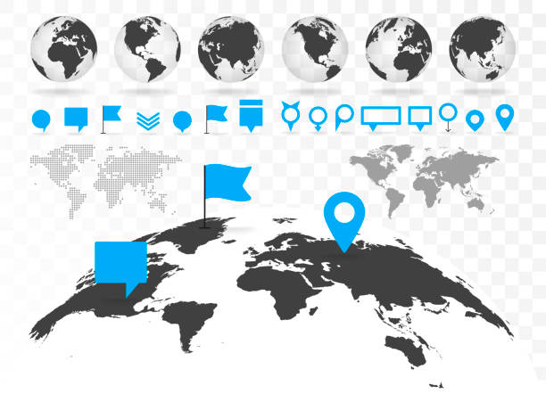 ilustraciones, imágenes clip art, dibujos animados e iconos de stock de mapa del mundo y 3d globo conjunto con elementos de infografía. - continente área geográfica