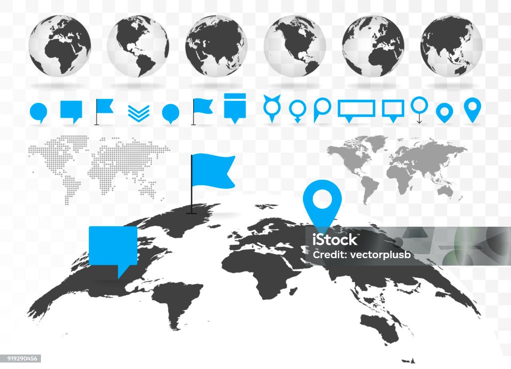 Mapa-múndi e 3D globe conjunto com elementos de infografia. - Vetor de Globo terrestre royalty-free