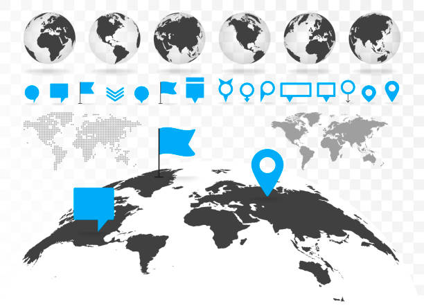 ilustrações de stock, clip art, desenhos animados e ícones de world map and 3d globe set with infographics elements. - geometric shape famous place europe three dimensional shape