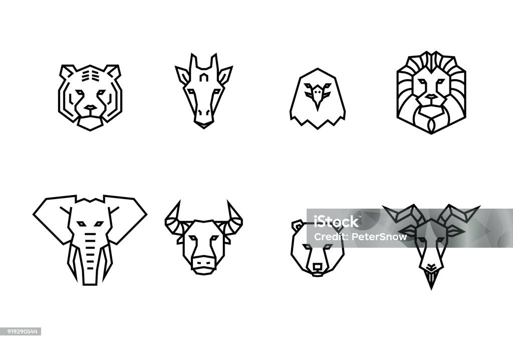 8 animal heads icons. Vector geometric illustrations of wild life animals. vector eps10 Lion - Feline stock vector