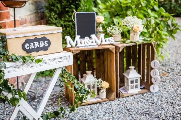 Detail wedding reception, Wooden letters forming word Mr&Mrs