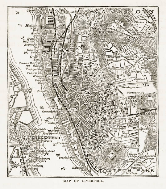 mapa miasta liverpool, anglia wiktoriański grawerowanie, 1840 - liverpool stock illustrations