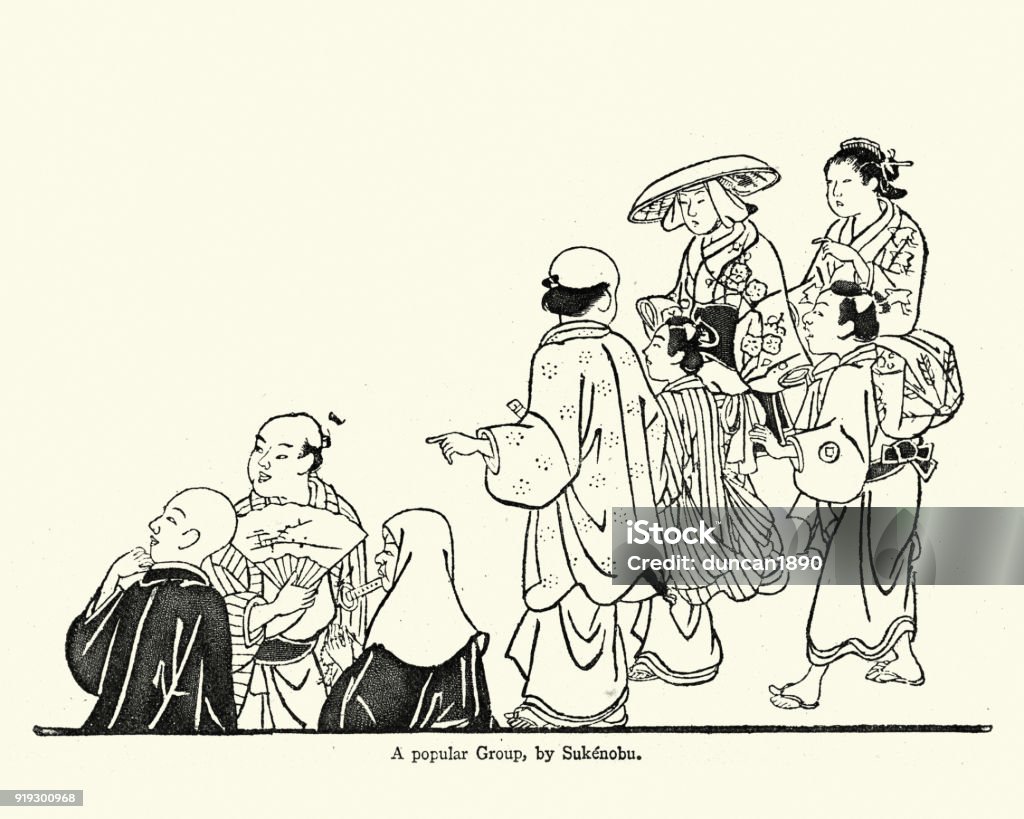Japanese Woodblock of a group of people Vintage engraving of a Japanese Woodblock of a group of people, after Sukenobu, 18th Century Japanese Culture stock illustration