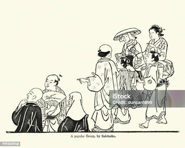 Japanese Woodblock Of A Group Of People Stock Illustration - Download Image Now - Japanese Culture, Japan, Japanese Ethnicity