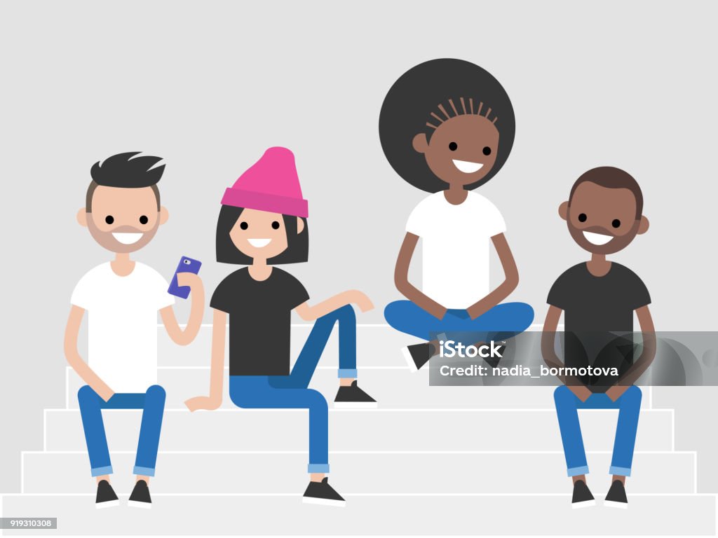 Eine multikulturelle Gruppe von Millennials sitzt auf der Treppe. Generation Z, Lifestyle-Abbildung. Flache editierbare Vektor ClipArt - Lizenzfrei Junger Erwachsener Vektorgrafik