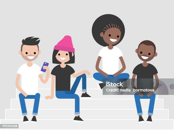 Eine Multikulturelle Gruppe Von Millennials Sitzt Auf Der Treppe Generation Z Lifestyleabbildung Flache Editierbare Vektor Clipart Stock Vektor Art und mehr Bilder von Junger Erwachsener