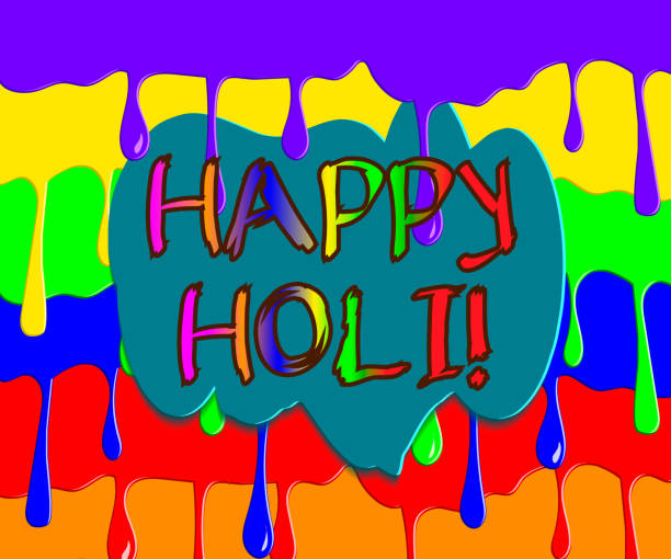 istock Greeting card for Holi Festival, multicolored dripping drops 919310502