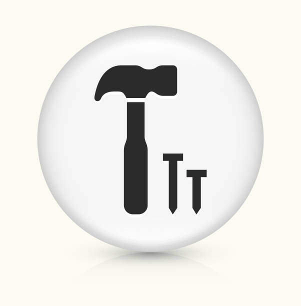 Hammer and Nails. Hammer and Nails.The icon is white and is placed on a round vector button. The button is light in color and the background is light as well. The composition is simple and elegant. There is a small shadow under the button. The vector icon is the most prominent part if this illustration. nail cross stock illustrations