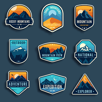 Set of nine mountain travel emblems. Camping outdoor adventure emblems, badges and icons patches. Mountain tourism, hiking. Forest camp vector labels in vintage style