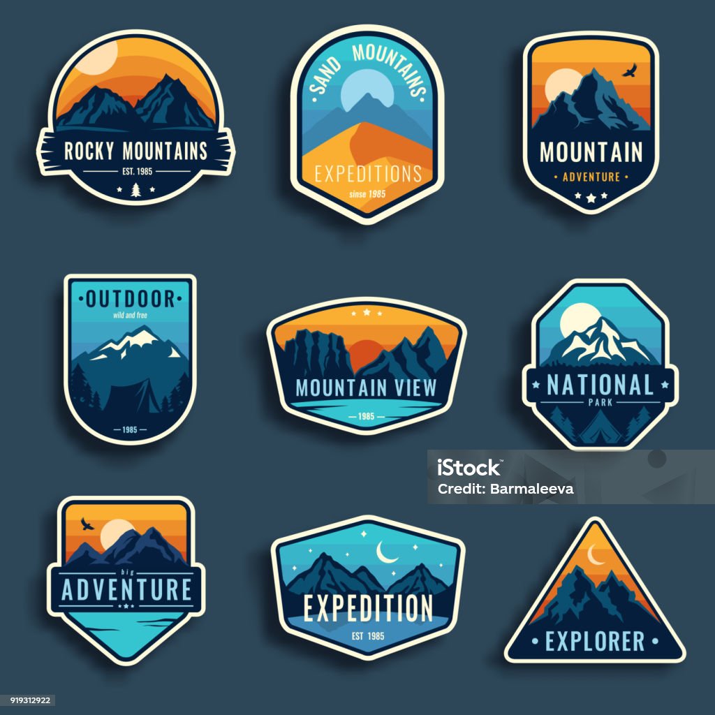 Set of nine mountain travel emblems. Set of nine mountain travel emblems. Camping outdoor adventure emblems, badges and icons patches. Mountain tourism, hiking. Forest camp vector labels in vintage style Badge stock vector