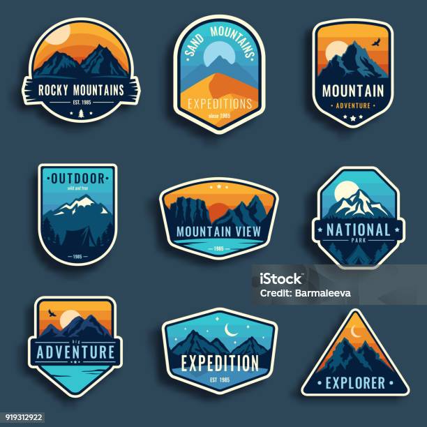 Set Of Nine Mountain Travel Emblems Stock Illustration - Download Image Now - Badge, Mountain, Camping