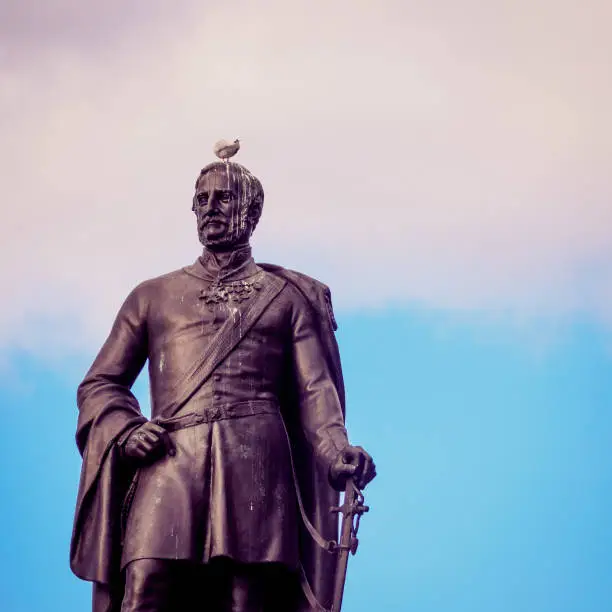 Photo of Bronze statue with pigeon on top of the head.