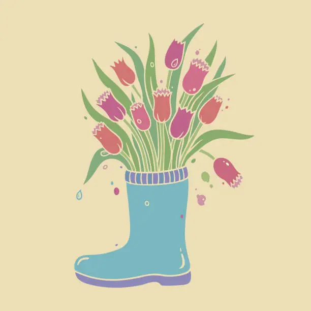 Vector illustration of tulips in rubber boot