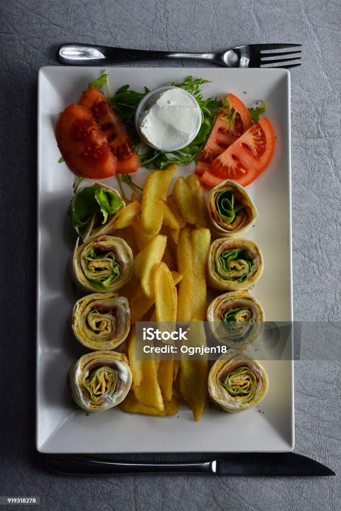 Tortilla Pieces with Fries Wrap Sandwich, Sandwich, Meat, Fries, Food 2018 Stock Photo
