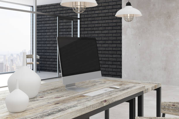 istock Contemporary office room with city view 919323566