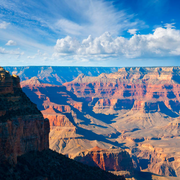 The south rim of the Grand Canyon under a nicely clouded sky
