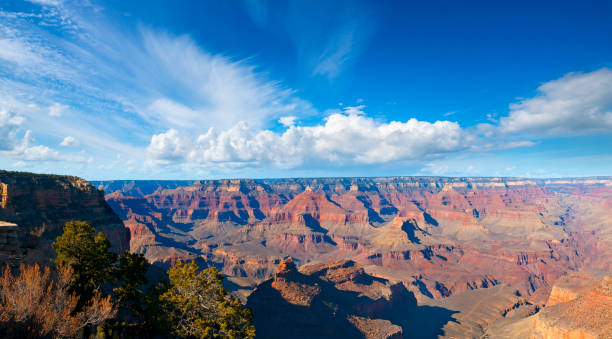 Grand Canyon South Rim The south rim of the Grand Canyon under a nicely clouded sky grand canyon of yellowstone river stock pictures, royalty-free photos & images