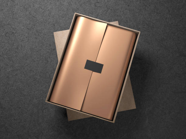 Cardboard Box with Golden wrapping paper and black label sticker