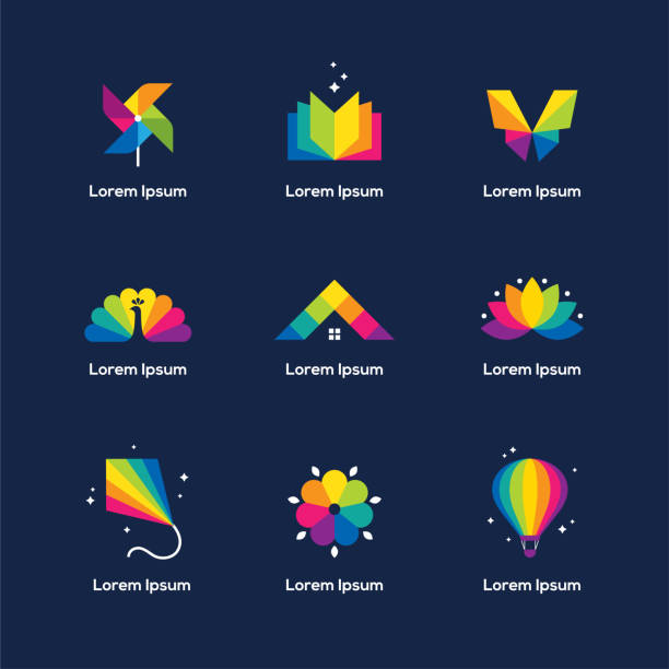 Colorful icons set on dark blue background. Bright colorful icons set with book, windmill toy, butterfly, peacock, house roof, lotus flower, kite and air balloon isolated on dark blue background. Vector symbol for children, kids design concept. colorful paper windmill toy stock illustrations