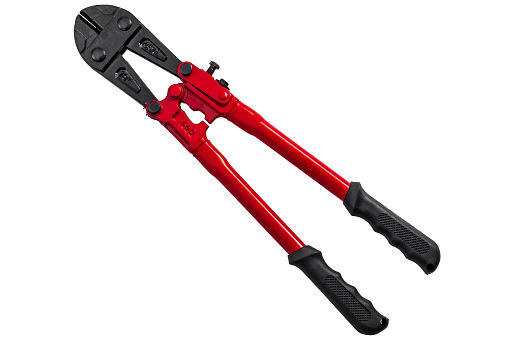 hardware store and manual work tools concept with boltcutters isolated on white with a clipping path. A bolt cutter or bolt cropper is a tool used for cutting chains, wire mesh, bolts and padlocks