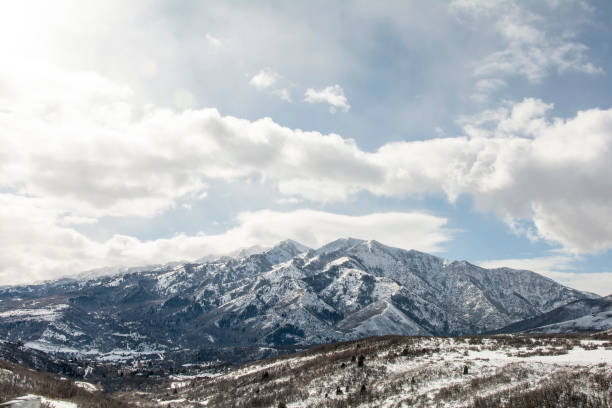Mountain range view.Snowy covered mountain.The foothills of the mountain are covered with forest.Nature,winter view.