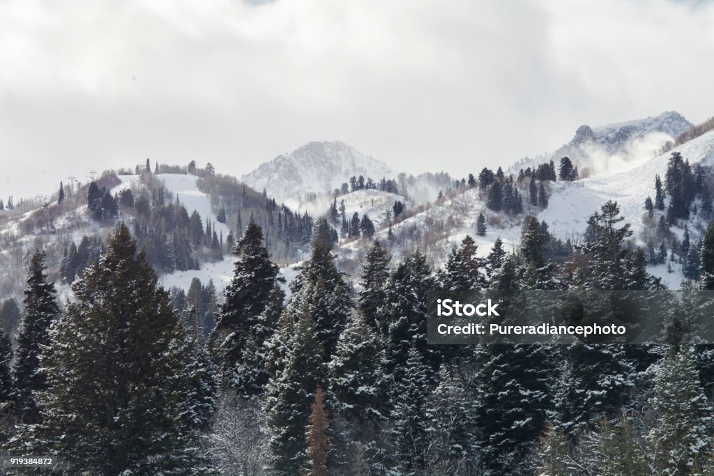 snow capped mountains in utah winter winter storm in the mountains of utah Salt Lake City - Utah Stock Photo