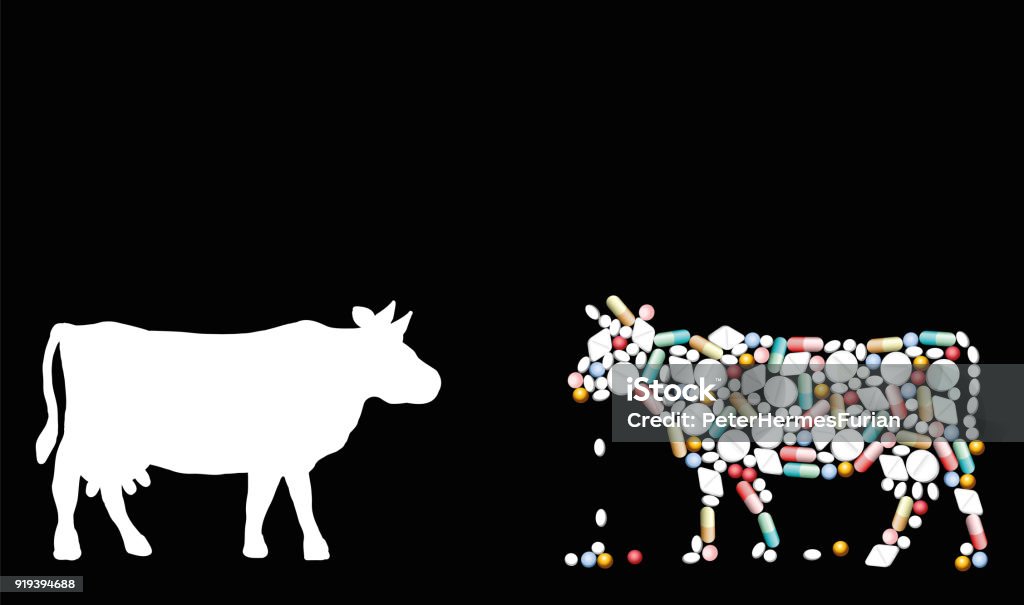 Pills that shape a cow. Symbol for cattle healthcare issues, medicine, pharmacy, antibiotics and diet - isolated vector illustration on black background. Antibiotic stock vector