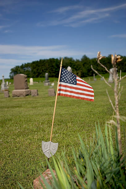 Cemetery in the country with American Flag stock photo