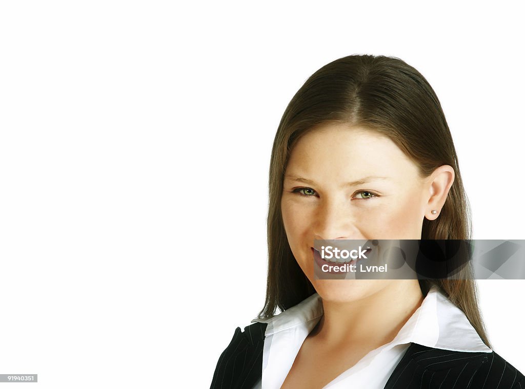Jeune femme d'affaires avec grand sourire en costume noir et - Photo de Adulte libre de droits