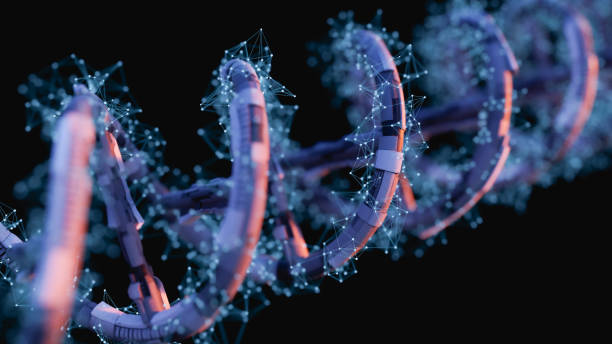 DNA SciFi Helix DNA SciFi Helix - 3d rendered image on black background. SciFi style. Shallow  DOF. Bright clean illustration. Medical research concept. Black background. gene therapy stock pictures, royalty-free photos & images
