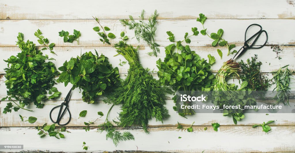 Various fresh green kitchen herbs Flat-lay of bunches of various fresh green kitchen herbs. Parsley, mint, dill, cilantro, rosemary, thyme over white wooden background, top view. Spring or summer healthy vegan cooking concept Herb Stock Photo