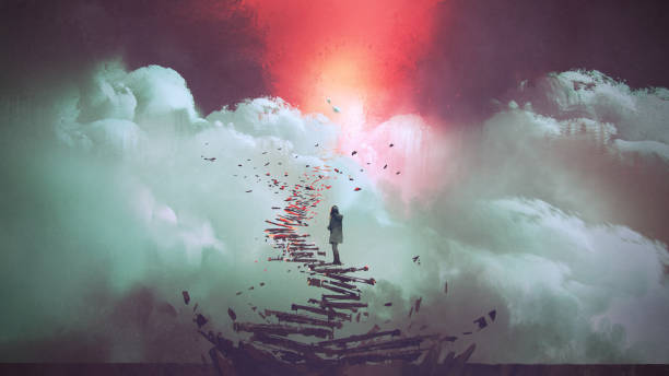 woman standing on broken stairs young woman standing on broken stairs leading up to sky, digital art style, illustration painting floating stair case stock illustrations