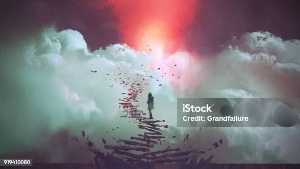 Woman Standing On Broken Stairs Stock Illustration - Download Image Now - Dreamlike, Concepts, Journey