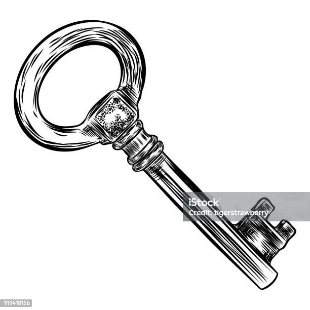 Retro Key Vintage Style Key Illustration For Antiques Decoration Ornamental Medieval Hand Drawn Old Realistic Design Vector Stock Illustration - Download Image Now