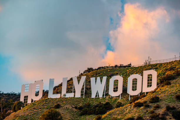 Los Angeles, United States - February 12, 2018: Close-up of the famous Hollywood Sign on Mt Lee. Photograph taken from Lake Hollywood Park. Build in 1923 and the most iconic place in Los Angeles  California.