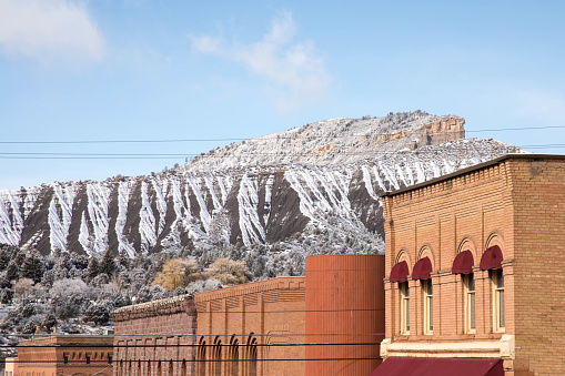 Brick buildings in downtown Durango, Colorado in the wintertime