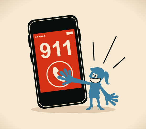 ilustraciones, imágenes clip art, dibujos animados e iconos de stock de empresaria presionando (empujando, tocando, clics) teléfono botón para llamar al 911, llamada de emergencia - technology business support violence