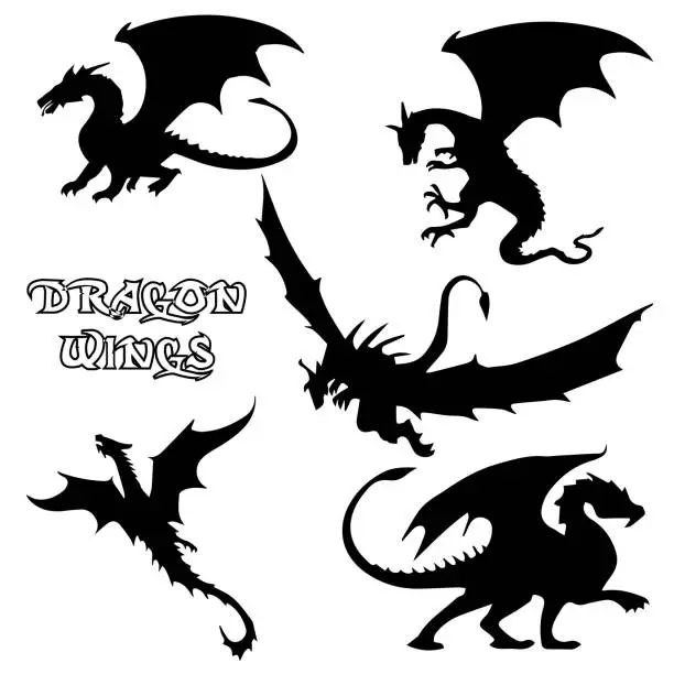Vector illustration of Black stylized vector illustrations of dragons silhouettes symbol in the form of a dragon on a white background