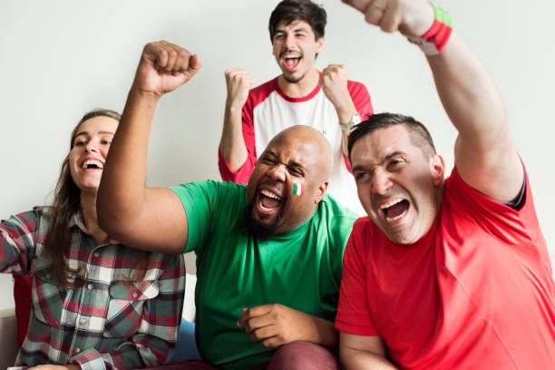 istock Friends cheering world cup with painted flag 919486346