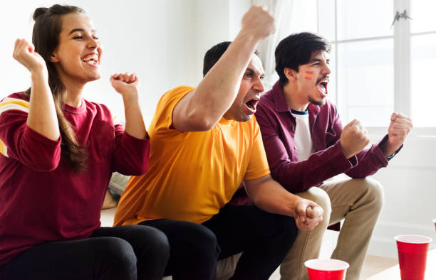 istock Friends cheering world cup with painted flag 919486570