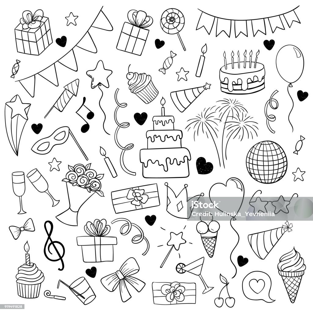 conjunto grande de dibujado a mano doodle dibujos animados objetos y símbolos en la fiesta de cumpleaños. diseño de tarjeta de felicitación del día de fiesta y la invitación de boda, día de la madre feliz, cumpleaños, día de San Valentín s y festivos. - arte vectorial de Cumpleaños libre de derechos